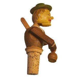 Vintage Wooden Cork Bottle Stopper Man Green Hat Drinking from Bottle Moveable